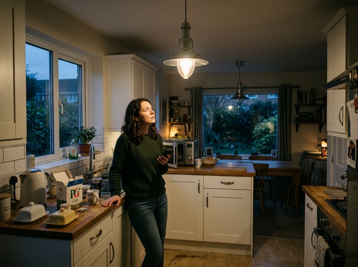 A home kitchen at dusk with a flickering pendant light