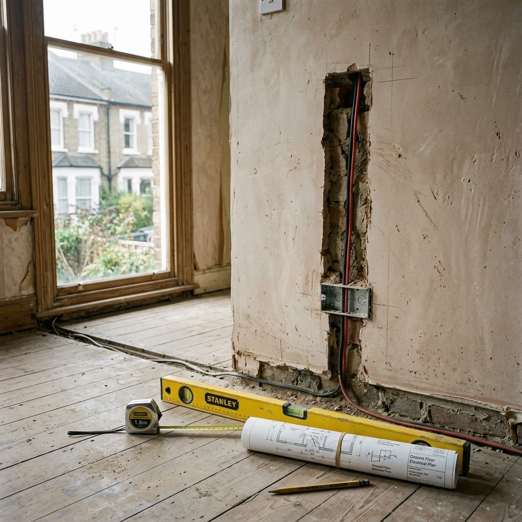 Home renovation in progress with tools and plans on the floor